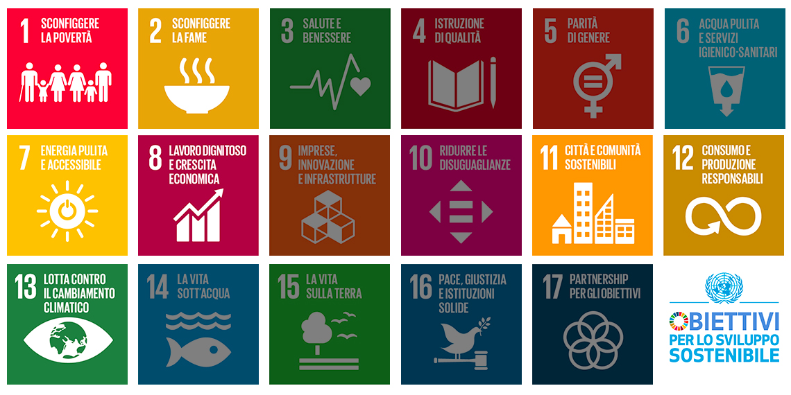 1. Sconfiggere la povertàm 2. Sconfiggere la fame, 7. Energia pulita e accessibile, 8. Lavoro dignitoso e crescita economica, 11. Città e comunità sostenibili, 12. Consumo e produzione responsabili, 13. Agire per il clima